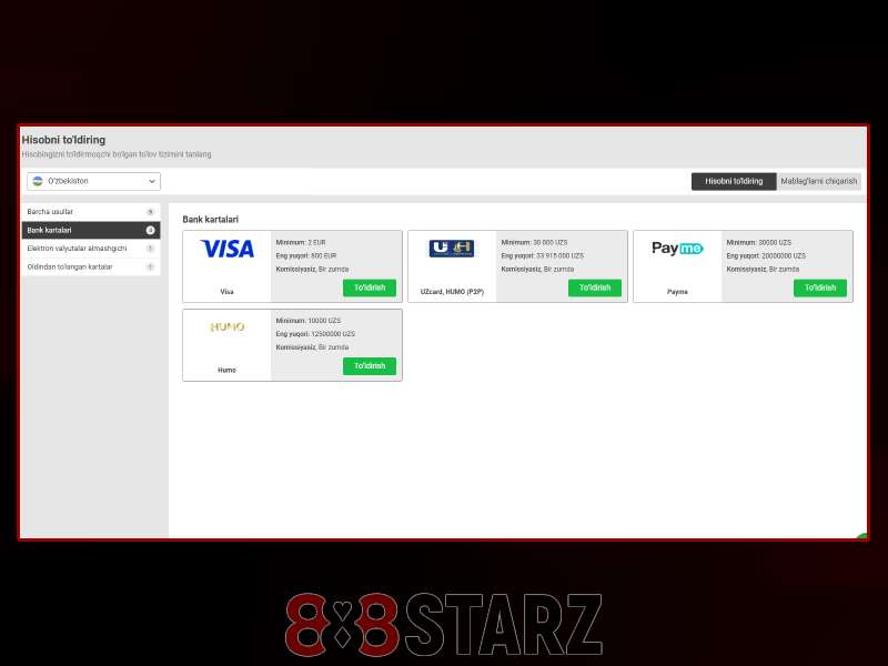 888Starz rasmiy to'lov tizimlari va depozit usullari sxemasi