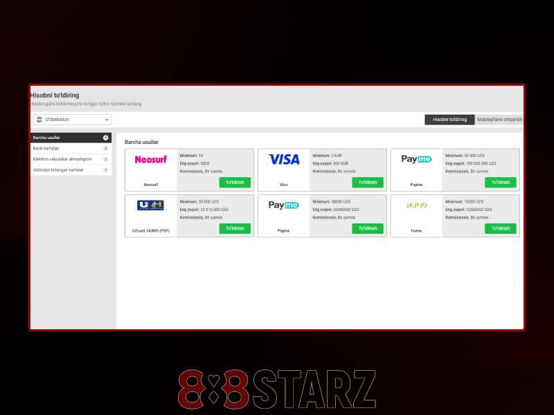 888Starz depozit imkoniyatlari va ularni ishlatish bo‘yicha qo‘llanma